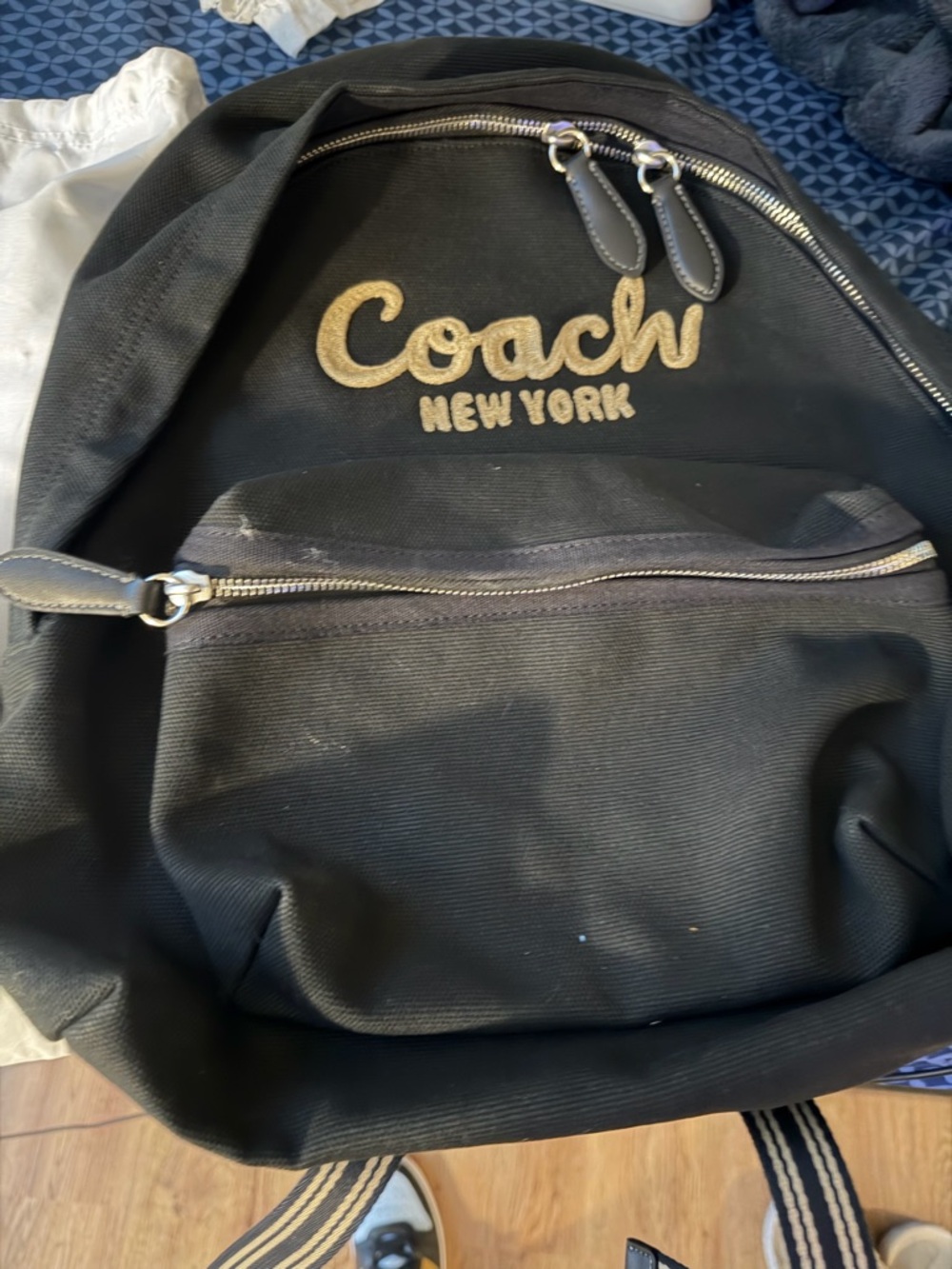 Coach Black Canvas Backpack with Gold Logo Stitching